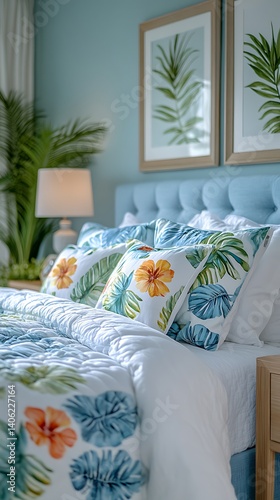 Obraz na płótnie Serene Bedroom Interior with Tropical Print Bedding and Palm Leaf Artwork for Comfortable Relaxation and Style. w salonie