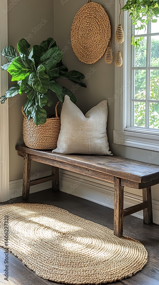 Serene corner vignette featuring a rustic bench, lush houseplant, woven accents, and natural light from a nearby window.