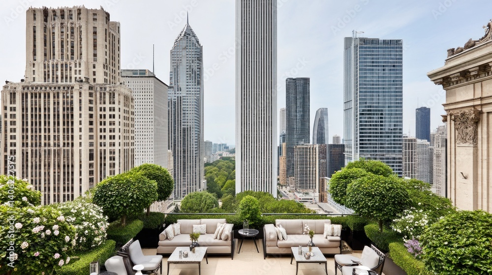 Fototapeta premium Urban rooftop garden with lush greenery, seating areas, and city views. 