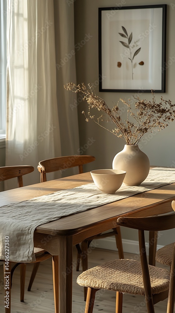 Serene Dining Room Still Life: Wooden Table, Natural Light, Neutral Colors, Contemporary Art and Elegant Home Decor.
