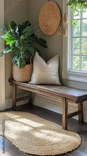 Obraz na płótnie Serene corner vignette featuring a rustic bench, lush houseplant, woven accents, and natural light from a nearby window. w salonie