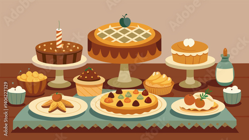 A festive table decorated with burlap and lace featuring a range of rustic pies and tarts perfect for a holiday celebration.. Vector illustration