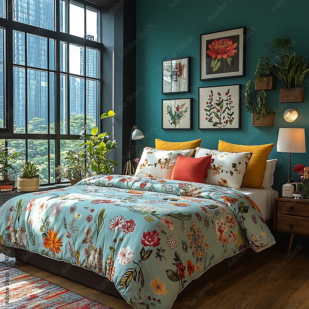 Serene floral-patterned bedding and vibrant color scheme in modern bedroom with large windows and artwork create calming atmosphere.