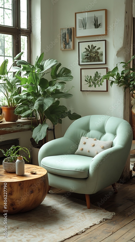 Serene Home Interior Featuring Comfortable Armchair, Round Wooden Coffee Table, Natural Light, and Decorative Plants for Relaxing Living.