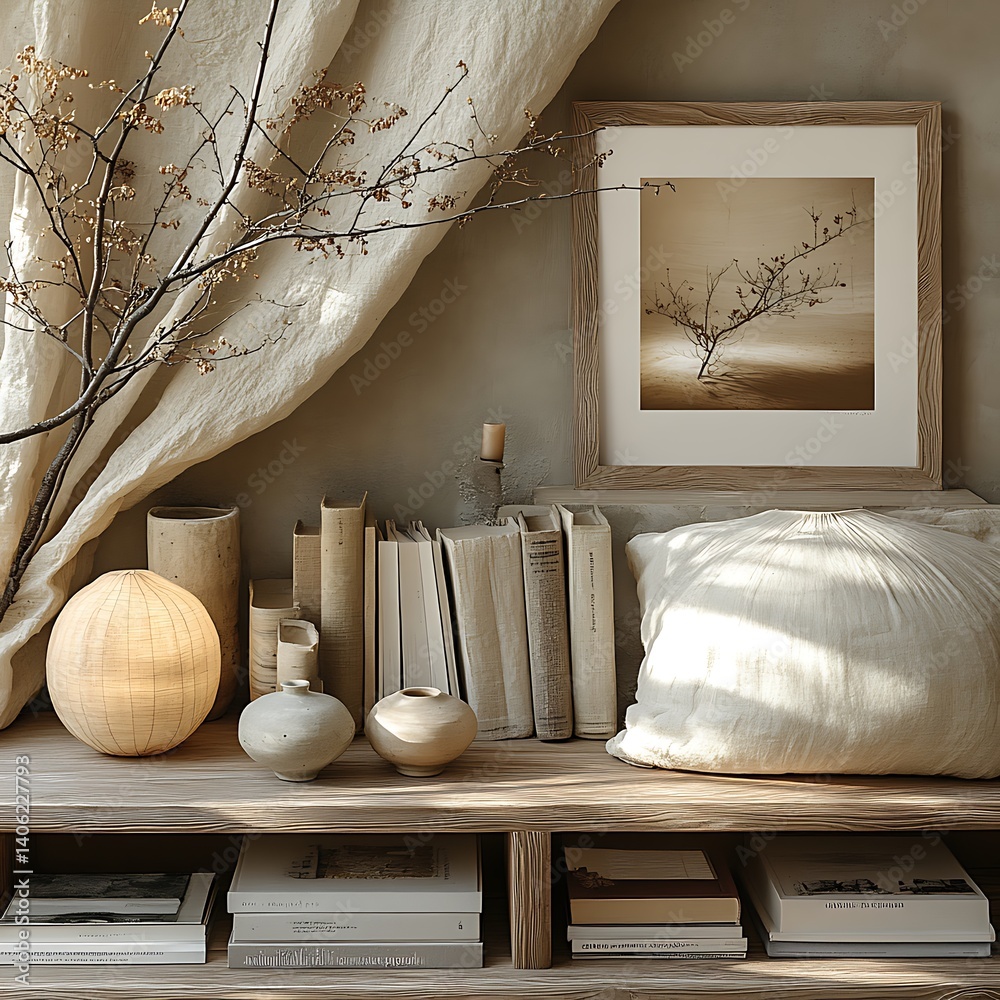 Serene home decor featuring neutral tones, rustic wood, vintage books, decorative vases, a framed print, and soft textiles for a cozy atmosphere.