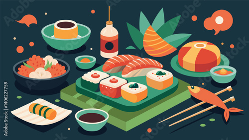 A feast for the eyes and taste buds with a mix of traditional and modern sushi creations.. Vector illustration