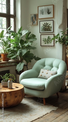 Obraz na płótnie Serene Home Interior Featuring Comfortable Armchair, Round Wooden Coffee Table, Natural Light, and Decorative Plants for Relaxing Living. w salonie