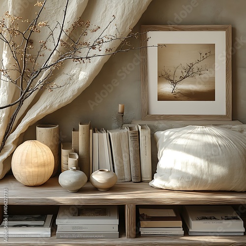 Obraz na płótnie Serene home decor featuring neutral tones, rustic wood, vintage books, decorative vases, a framed print, and soft textiles for a cozy atmosphere. w salonie