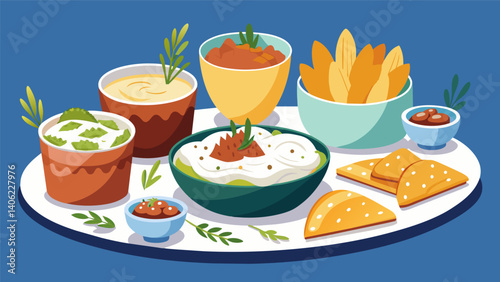 A fancy dinner party showcasing gourmet dips and chips such as truffle and parmesan dip caramelized onion and goat cheese dip and homemade potato. Vector illustration