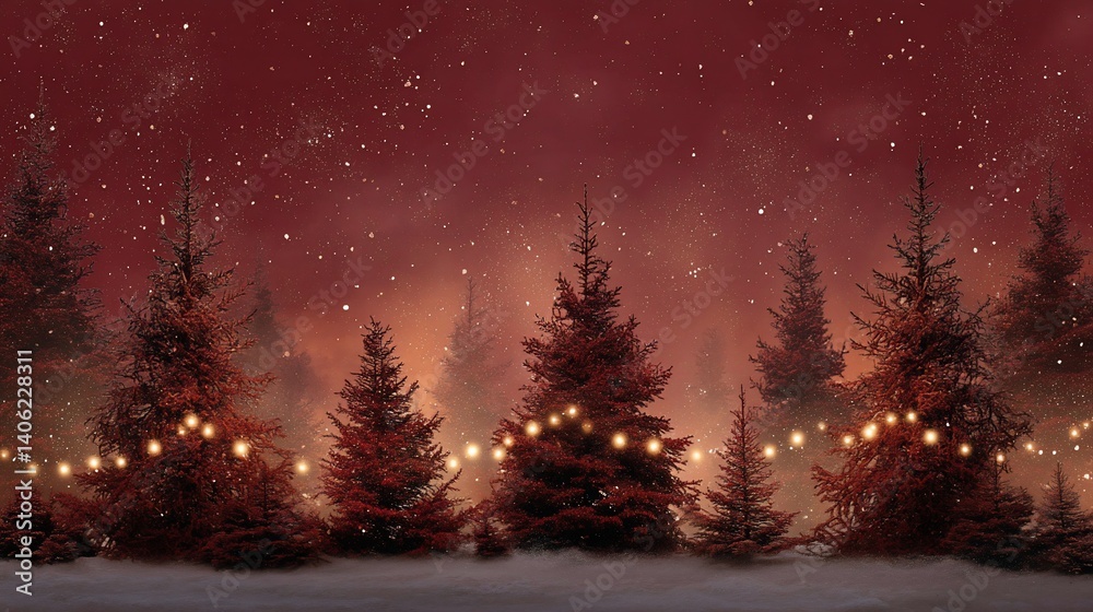 Naklejka premium Red winter forest scene with snow and lights