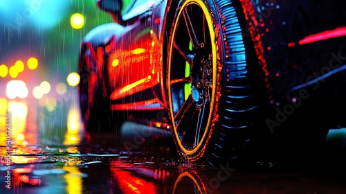 RainSlicked Sports Car with City Night Drive.