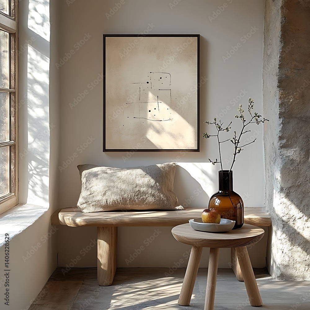 Serene Interior Arrangement with Abstract Art, Natural Light, Wooden Furniture, and Rustic Texture, Creating a Peaceful Atmosphere.