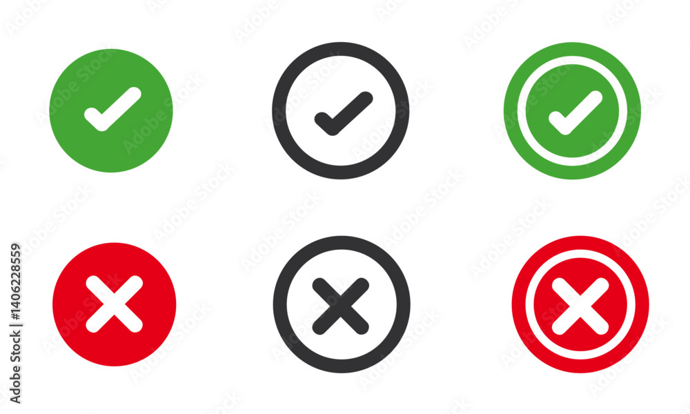 Check mark and cross icon set. Vector design with editable lines Check mark and cross icon set. Vector design with editable lines