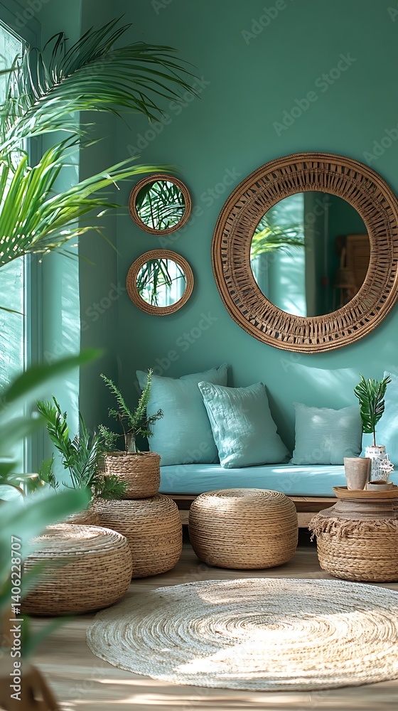Serene Interior Design: Cozy Seating Area with Rattan Mirrors, Textured Poufs, Lush Greenery, and a Calming, Green-Toned Atmosphere.