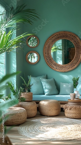 Serene Interior Design: Cozy Seating Area with Rattan Mirrors, Textured Poufs, Lush Greenery, and a Calming, Green-Toned Atmosphere.
