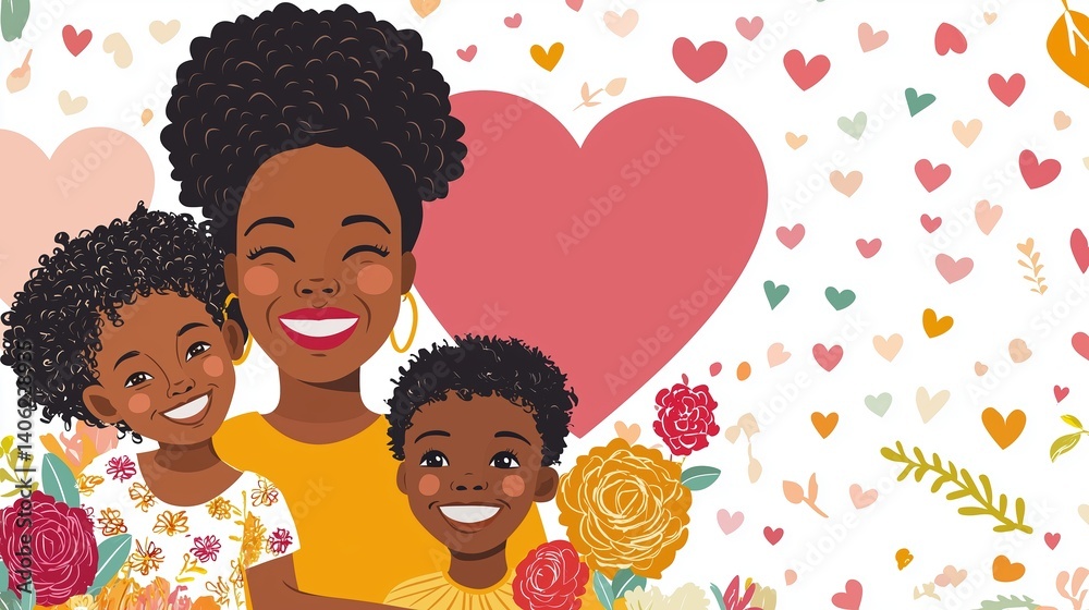 Happy African American mother with two children smiling in floral heart background, colorful cartoon family illustration Happy African American mother with two children smiling in floral heart background, colorful cartoon family illustration