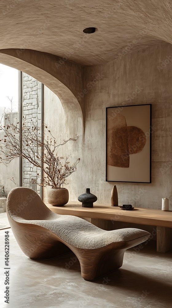 Serene interior design featuring a modern lounge chair, minimalist art, and textured walls creating a calming space ambiance.