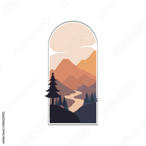 Flat design of afternoon wild scenery. window frame