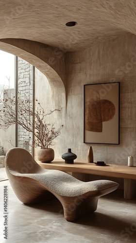 Obraz na płótnie Serene interior design featuring a modern lounge chair, minimalist art, and textured walls creating a calming space ambiance. w salonie