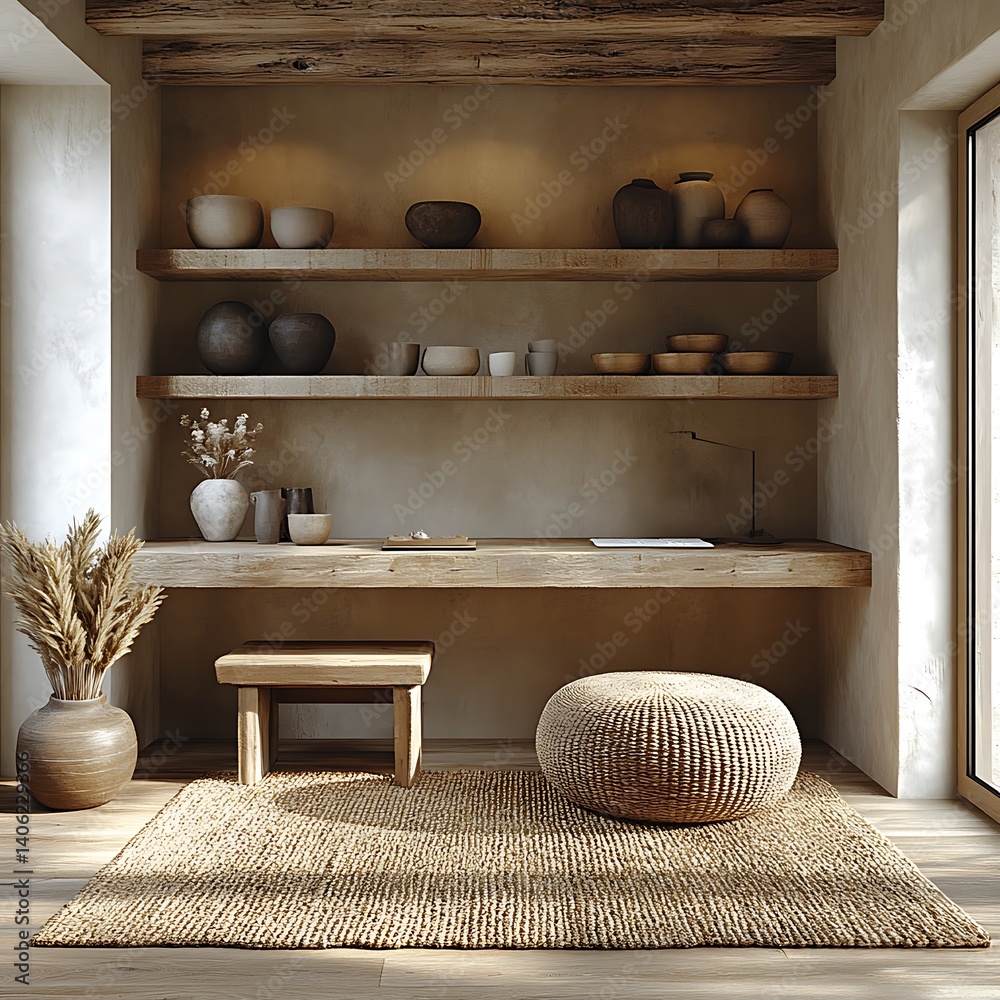 Serene Interior Design Featuring Rustic Wood Shelves, Earth Tones, Natural Light and Cozy Woven Rug with Comfortable Pouf.