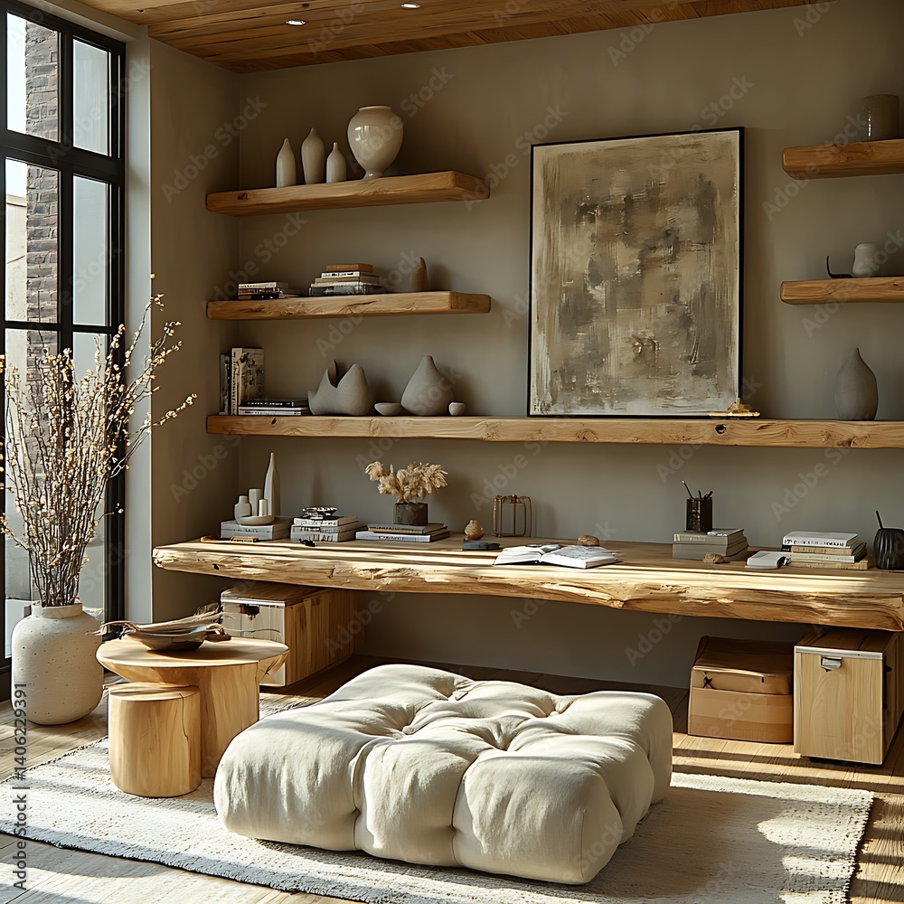 Serene Interior Design: Wooden Shelves, Neutral Tones, and Comfortable Seating Create a Calm and Inviting Living Space.
