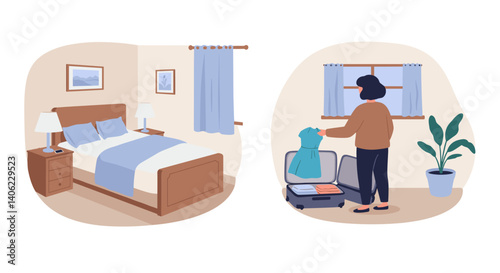 Person packing suitcase in cozy bedroom interior  