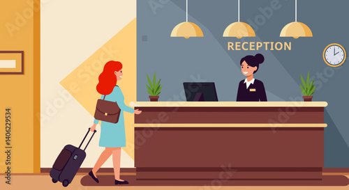 Woman Checking In at Hotel Reception with Luggage  