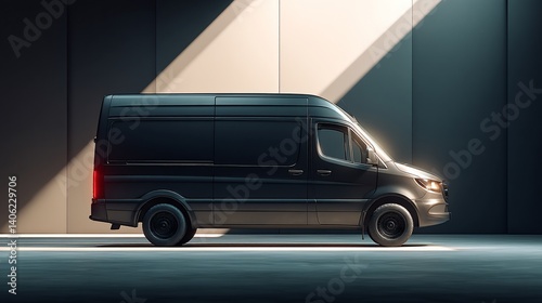 Sleek black van, side profile, sunlight