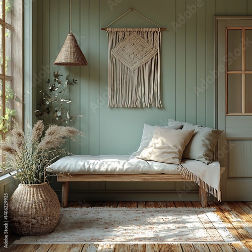Serene interior featuring rustic wooden bench, macrame wall hanging, basket with plant, soft pillows, light wood floor and natural light.