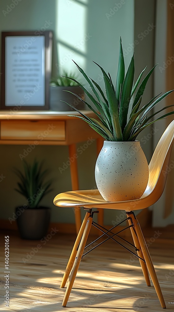 Serene interior scene with potted plant resting upon wooden chair, bathed in warm sunlight creating a tranquil atmosphere.