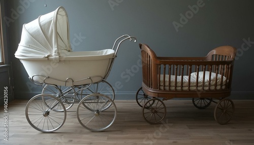 Vintage antique baby stroller and wooden rocking baby bed