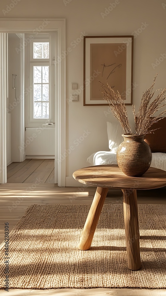Serene interior scene showcasing a wooden table with vase and dried grass, warm sunlight, and natural textures.