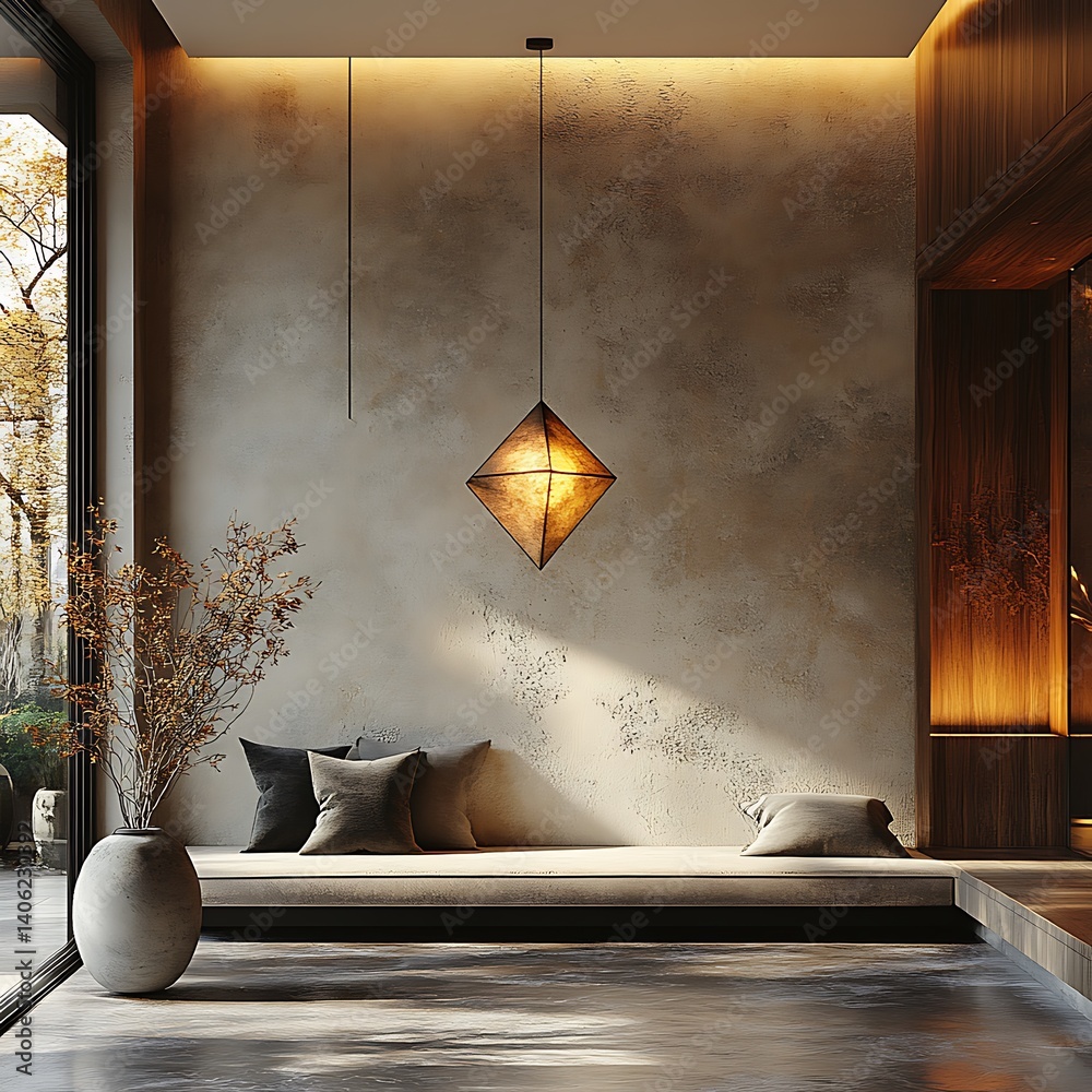 Serene interior space with textured wall, artistic lighting fixture, comfortable bench, decorative vase, and inviting natural light from expansive window.