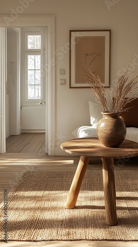 Obraz na płótnie Serene interior scene showcasing a wooden table with vase and dried grass, warm sunlight, and natural textures. w salonie