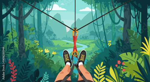 Adventure Ziplining Through Lush Forest Landscape  