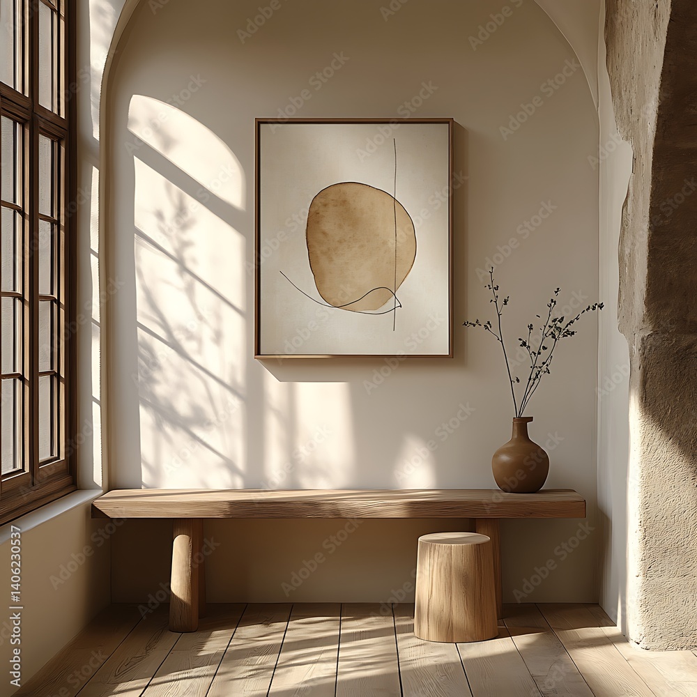 Serene interior with sunlight streaming through window onto bench, vase, and abstract art adding warmth to minimalist living space.