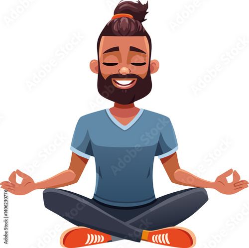 Cartoon man practicing yoga and meditation, finding serenity and balance