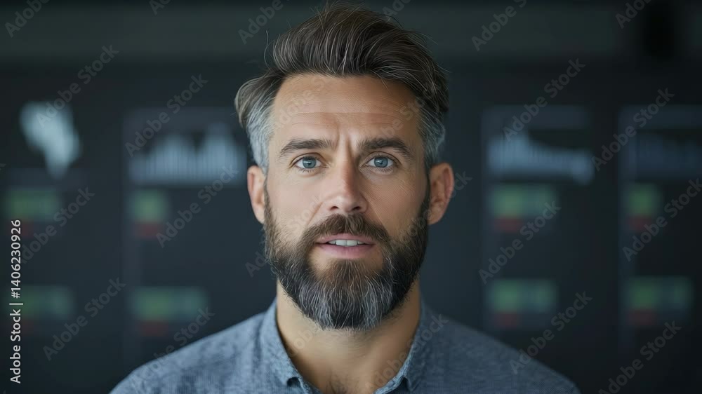 Confident professional man with beard and blue eyes in portrait, showcasing focus and determination. Confident professional man with beard and blue eyes in portrait, showcasing focus and determination.
