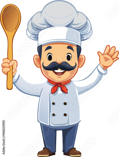 Cartoon chef holding wooden spoon and waving