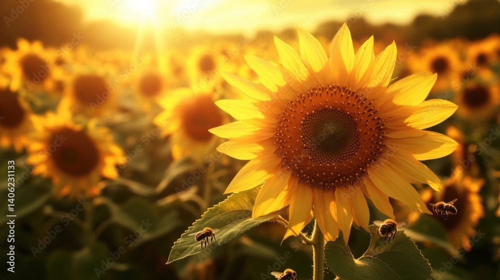 Fototapeta premium A sunflower field swaying in the wind, honeybees collecting nectar