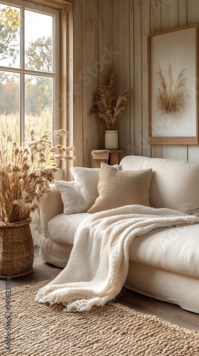 Serene living area showcasing a comfortable sofa, natural light, dried floral arrangements, and rustic wooden elements for a cozy ambiance.