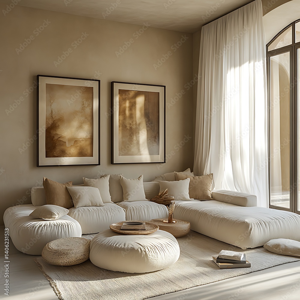 Serene Living Space Featuring a Plush White Sofa, Textured Rug, and Minimalist Decor for a Calm and Relaxing Atmosphere.