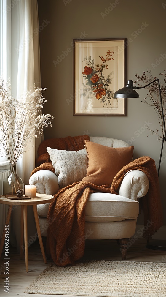 Serene Living Space Featuring Armchair, Floral Artwork, Decorative Elements, Soft Textiles, and Warm Tones for a Cozy Ambience.