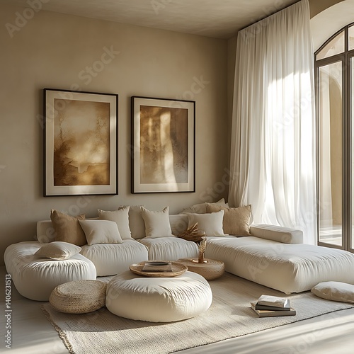 Obraz na płótnie Serene Living Space Featuring a Plush White Sofa, Textured Rug, and Minimalist Decor for a Calm and Relaxing Atmosphere. w salonie
