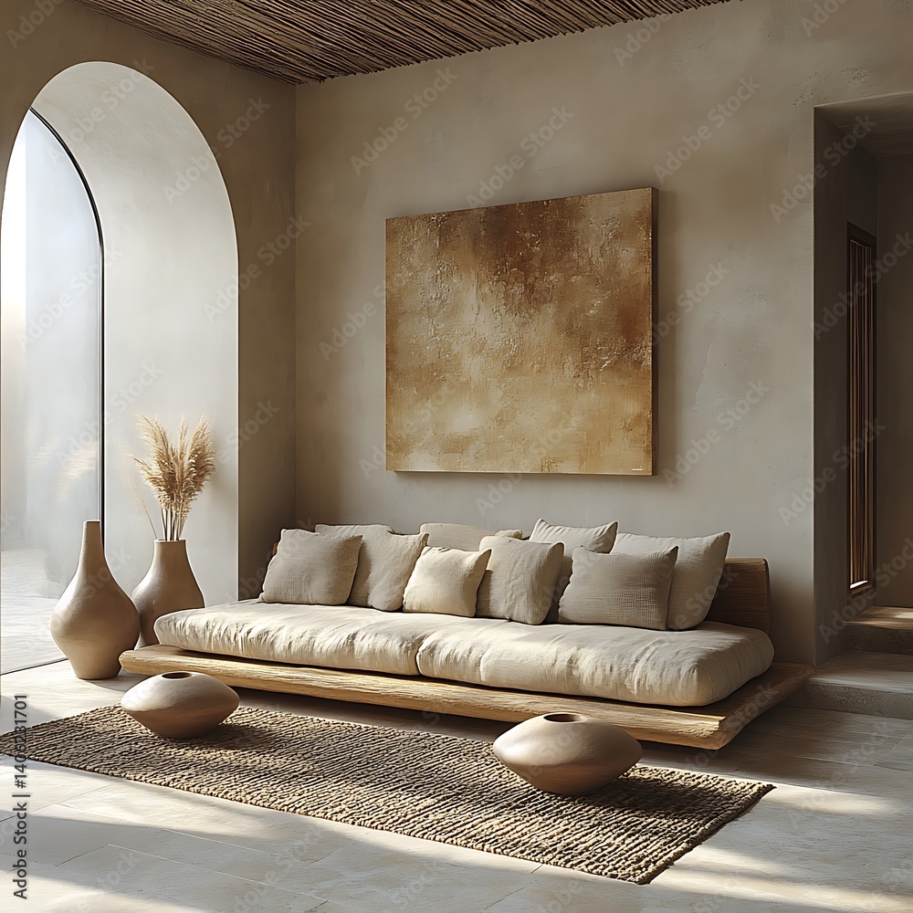 Serene living space featuring neutral tones, natural light, minimalist decor, a comfortable seating area, and textured elements for a calming atmosphere.