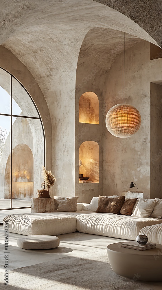 Serene Living Space with Arched Windows, Textural Walls, Neutral Furnishings, and Contemporary Lighting Enhancing Tranquility and Calmness.