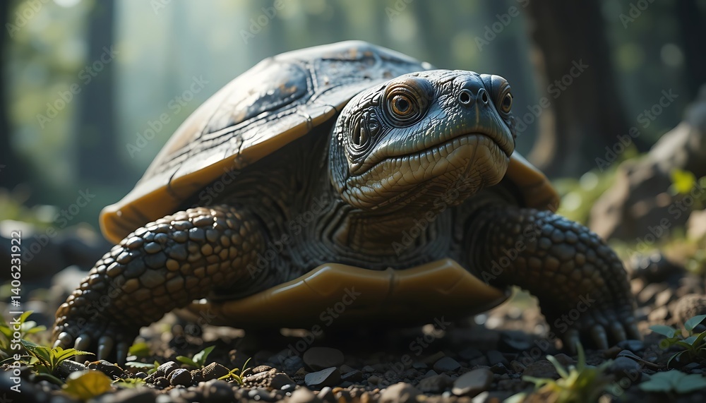 Obraz premium Turtle Walking on Ground in Forest Environment