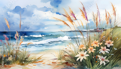 Watercolor coastal scene with beach grass, wildflowers, and gentle waves meeting the sandy shore