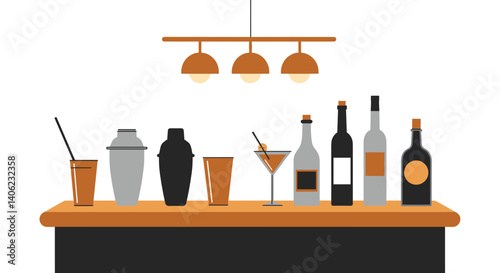 Minimalist bar counter with cocktail shakers and bottles  