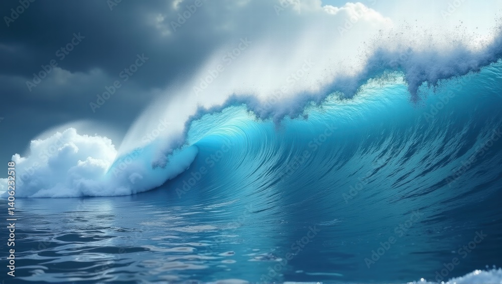 Naklejka premium A massive wave with vibrant blue and white hues crashing over the ocean, with a dramatic and dynamic splash of water creating a beautiful scene. Generative, AI,